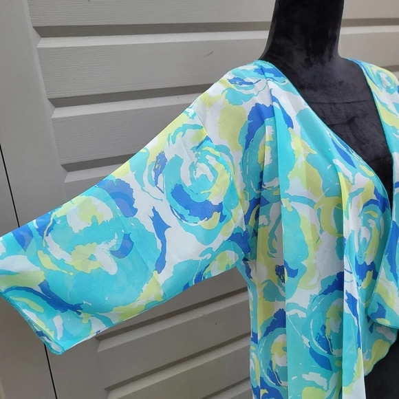 LulaRoe Women's Aqua Blue Yellow Floral Sheer Open Front Kimono Size Small - Picture 9 of 11